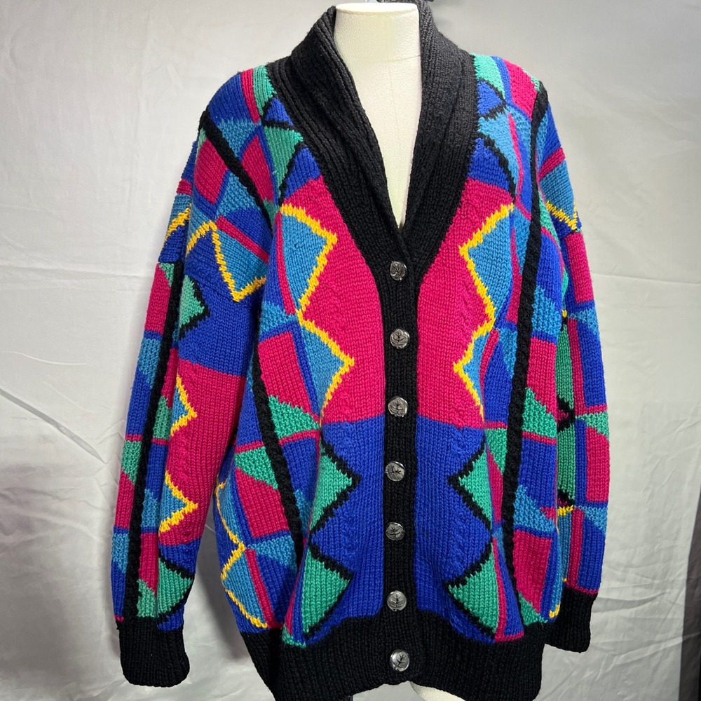 VINTAGE Nordstrom 100% wool Geometric Colorblock Shawl Cardigan Sweater Eclectic